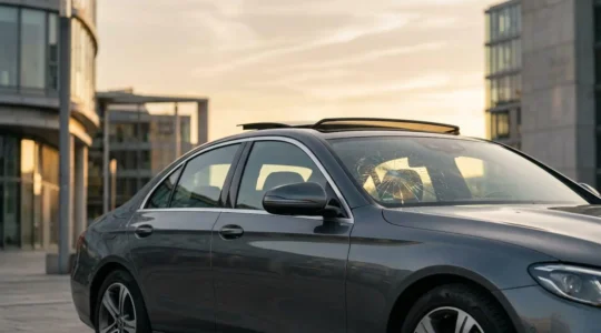 Pare-brise fissuré avec impact en étoile, toit panoramique et rétroviseurs d'une voiture moderne