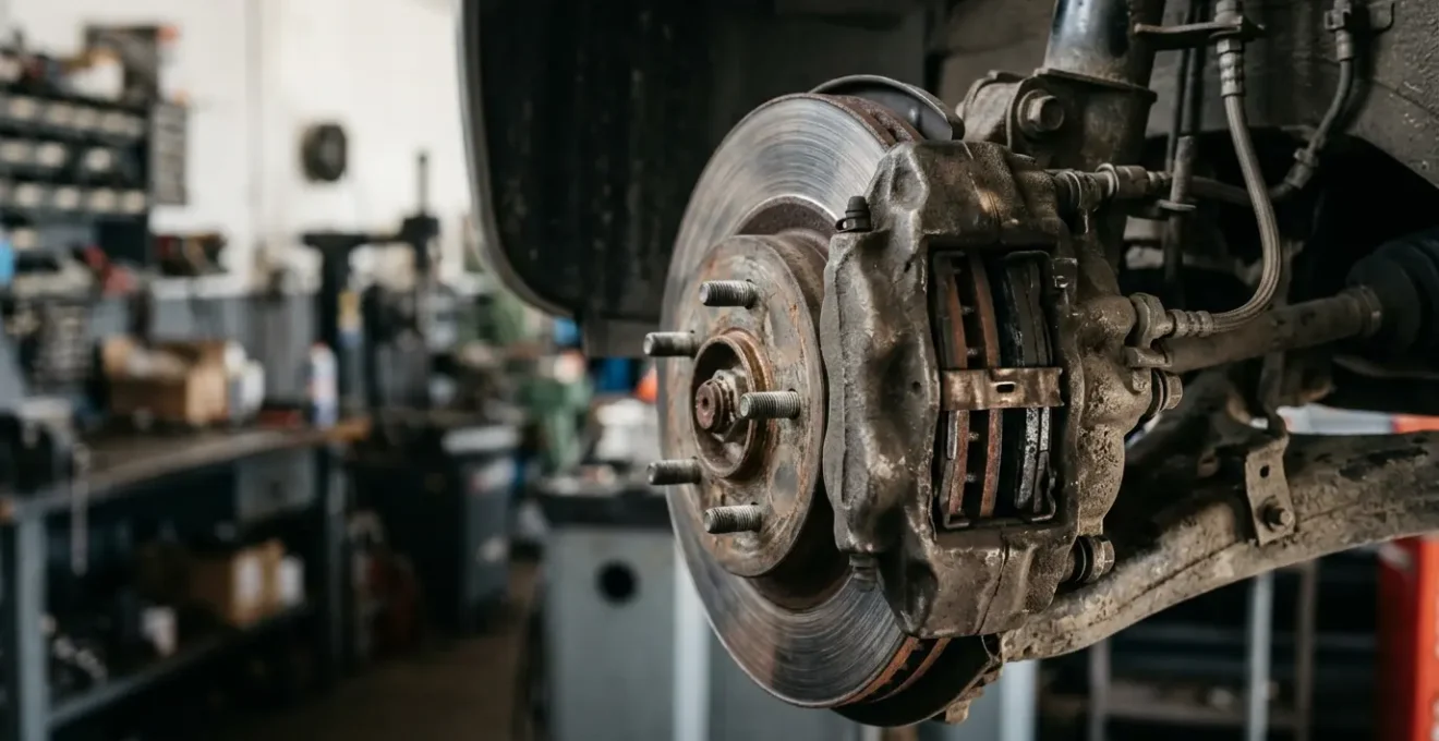 Vue détaillée d'un système de freinage avec plaquettes visibles sur disque