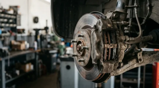 Vue détaillée d'un système de freinage avec plaquettes visibles sur disque