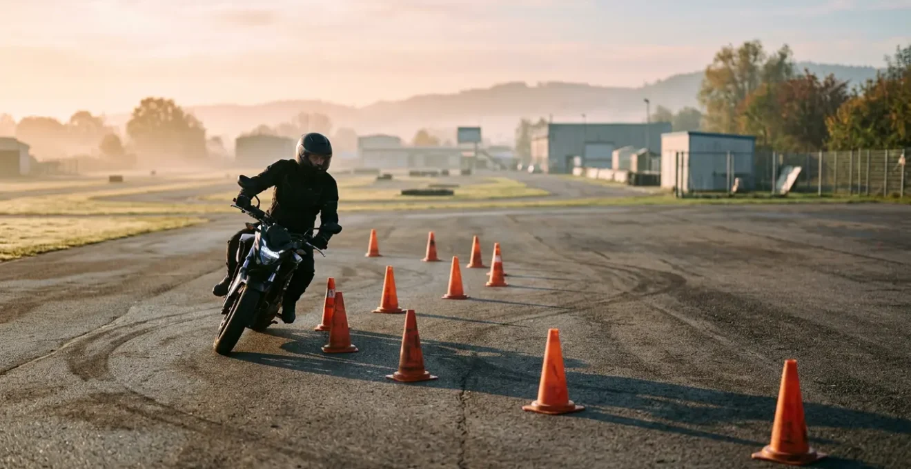 Candidat au permis moto A2 effectuant le parcours lent entre les cônes orange sur le plateau d'examen