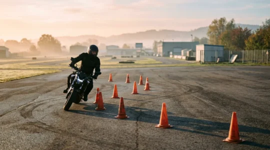 Candidat au permis moto A2 effectuant le parcours lent entre les cônes orange sur le plateau d'examen