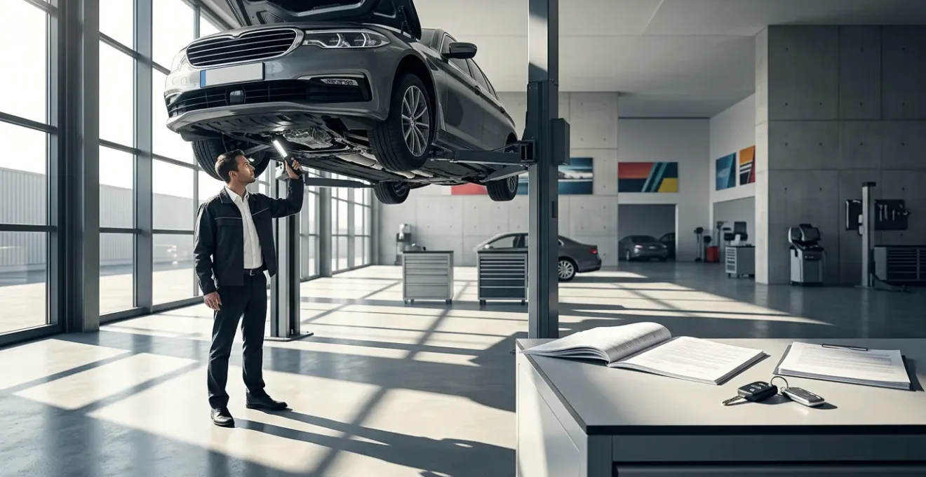Expert automobile examinant un véhicule avec dossier juridique et clés de voiture