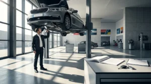 Expert automobile examinant un véhicule avec dossier juridique et clés de voiture