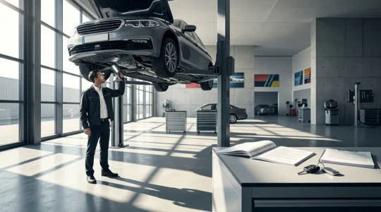 Expert automobile examinant un véhicule avec dossier juridique et clés de voiture