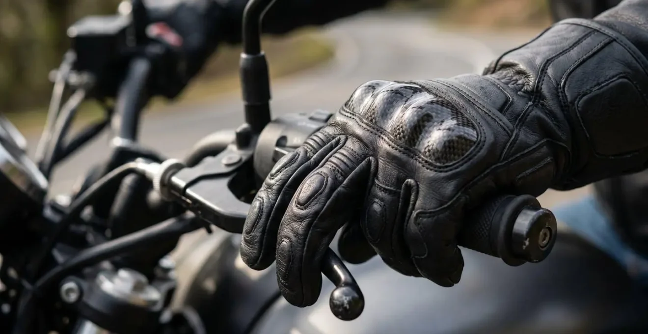 Détail d'un gant de moto avec renfort métacarpien visible