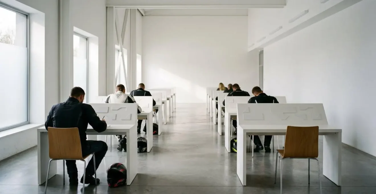 Salle d'examen moderne avec candidats passant l'ETM sur tablettes tactiles