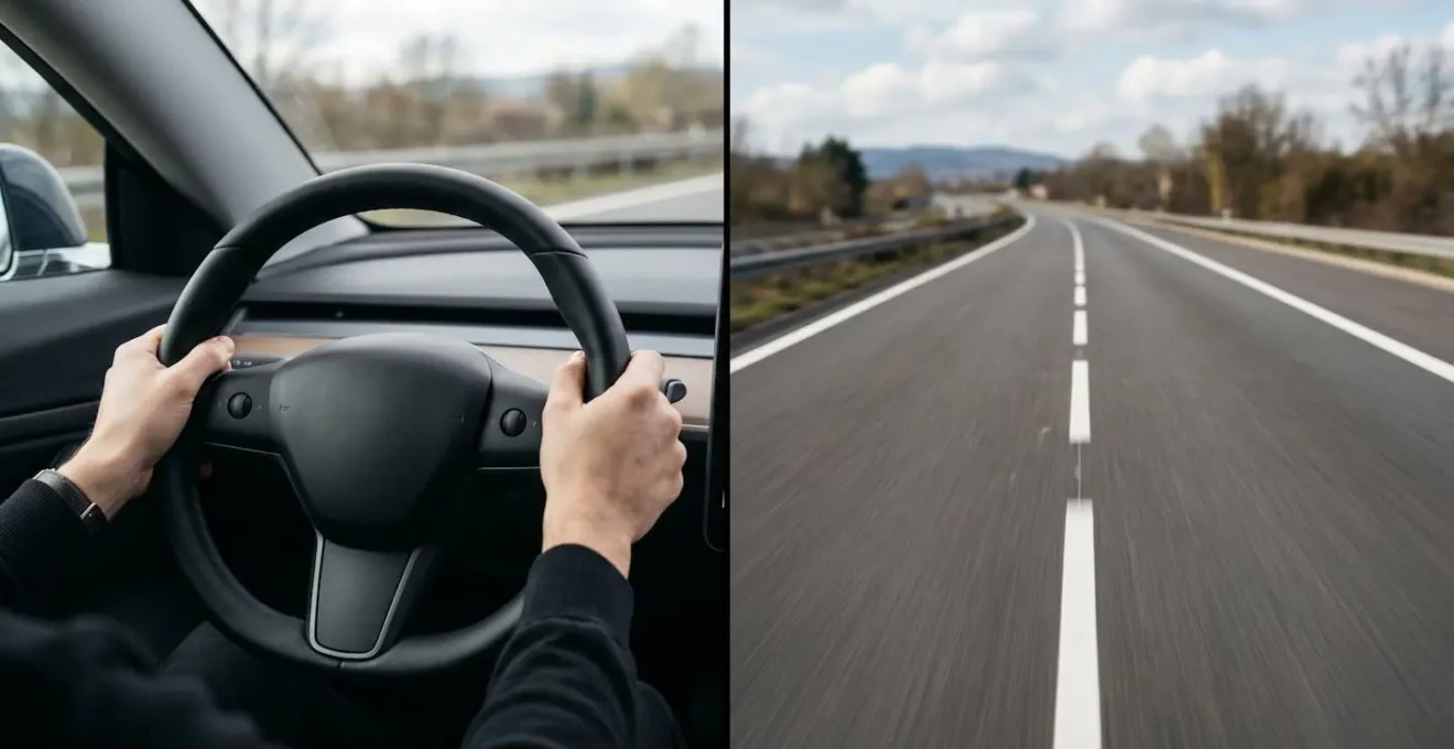 Vue depuis l'habitacle d'une voiture sur autoroute avec marquages au sol visibles