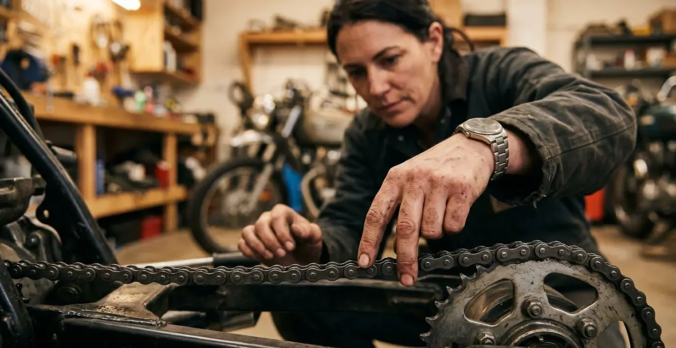 Main mesurant le débattement d'une chaîne de moto dans un garage