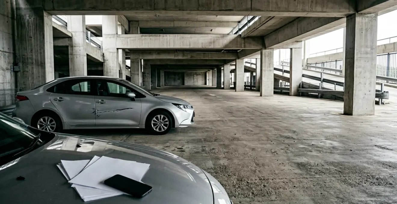 Voiture avec rayure sur le côté dans un parking, documents de constat et téléphone posés sur le capot