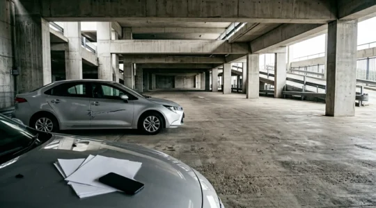 Voiture avec rayure sur le côté dans un parking, documents de constat et téléphone posés sur le capot