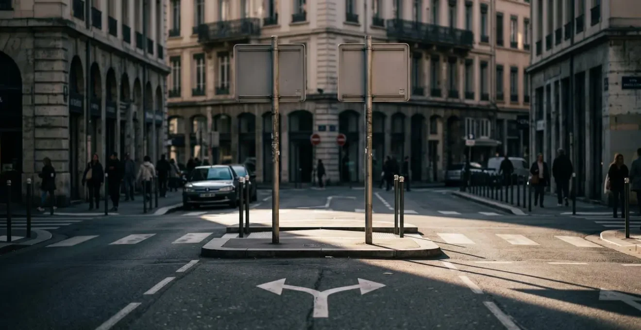 Vue d'une entrée de zone urbaine sans panneau de limitation de vitesse