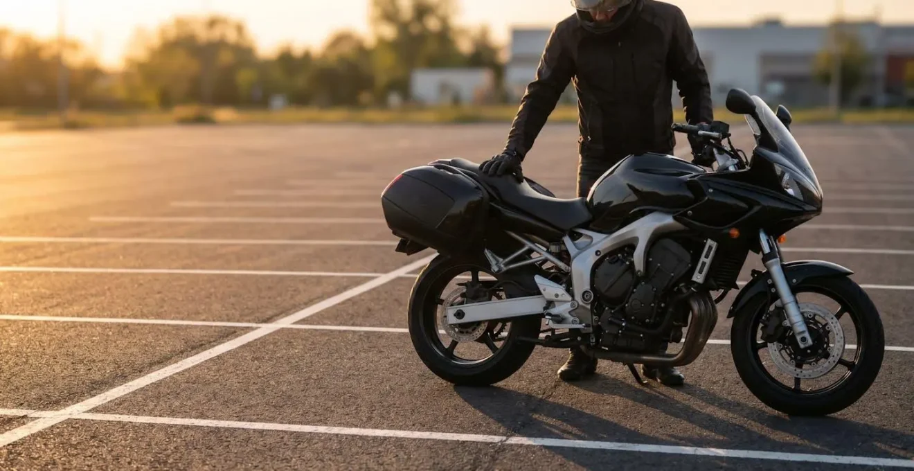 Gros plan sur les suspensions d'une moto montrant le déséquilibre de compression entre fourche et amortisseur