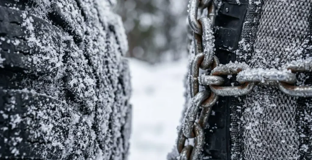 Comparaison visuelle entre chaînes et chaussettes à neige installées sur des pneus Comparaison visuelle entre chaînes et chaussettes à neige installées sur des pneus