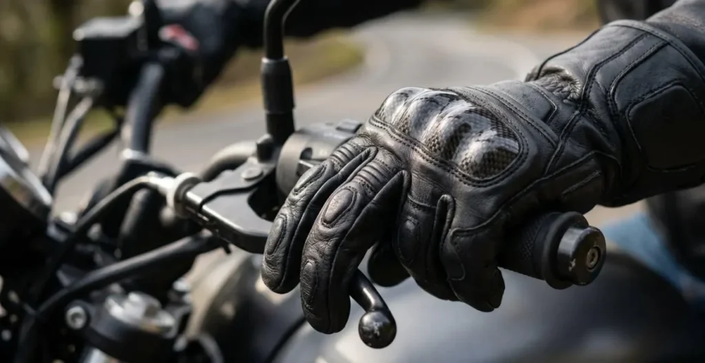 Détail d'un gant de moto avec renfort métacarpien visible Détail d'un gant de moto avec renfort métacarpien visible