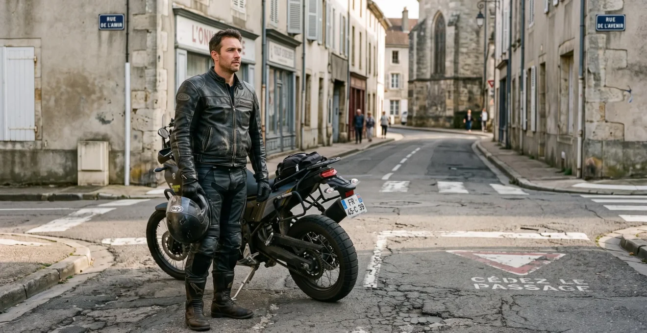 Un motard réfléchit à la croisée des chemins près de sa moto, symbolisant le choix d'assurance.