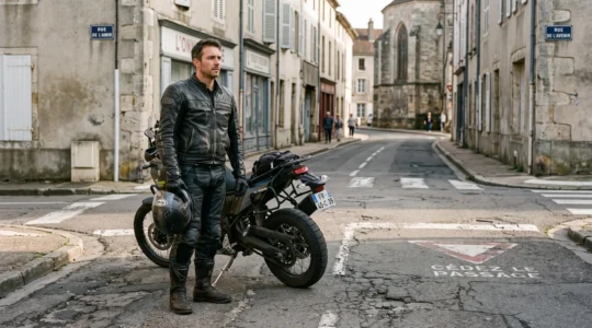 Un motard réfléchit à la croisée des chemins près de sa moto, symbolisant le choix d'assurance.