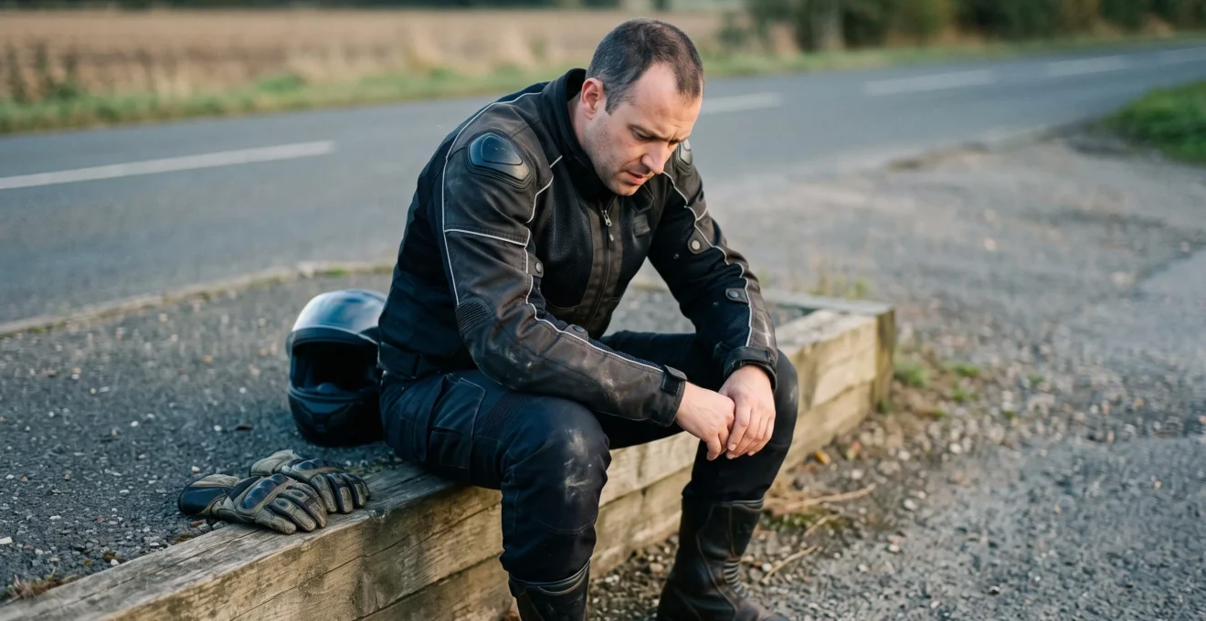 Un motard, après un sinistre, est en phase de récupération physique.